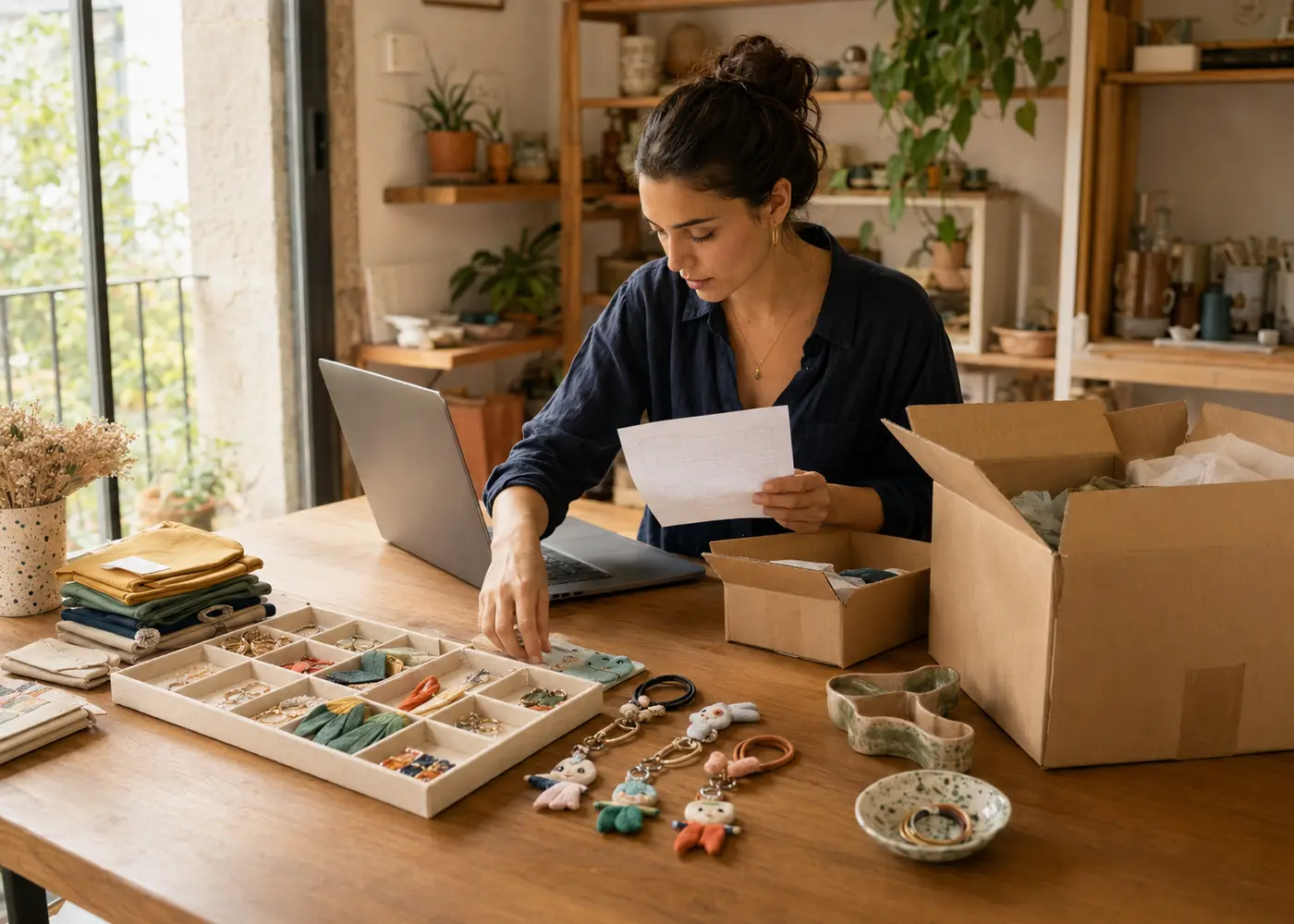 Emprendedora española preparando productos para su tienda