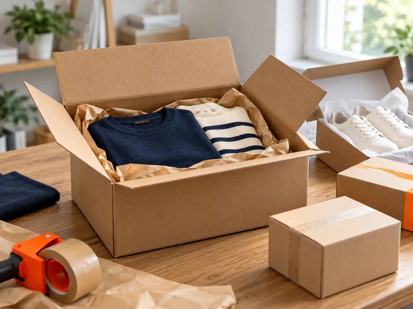 Illustration of personal purchases, cartons and protective paper on a packing table