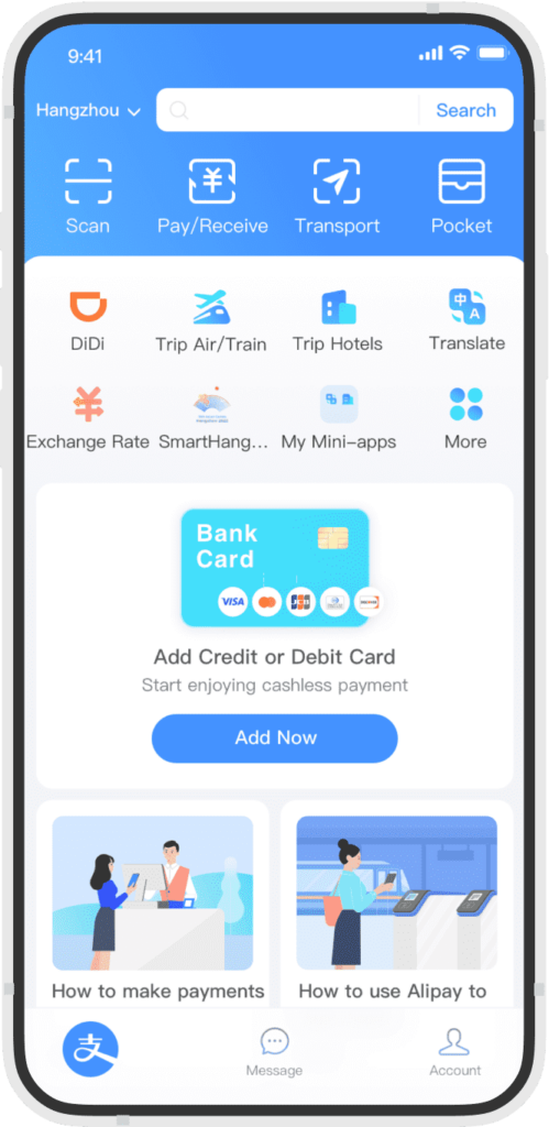 Alipay interface showing international card setup for China payments