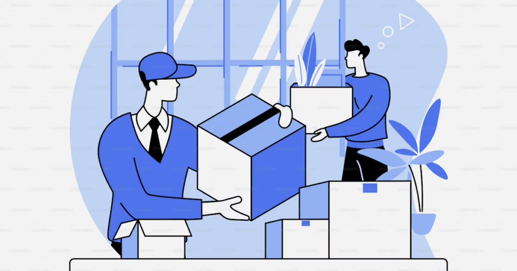 Logistics staff packing boxes for international shipment