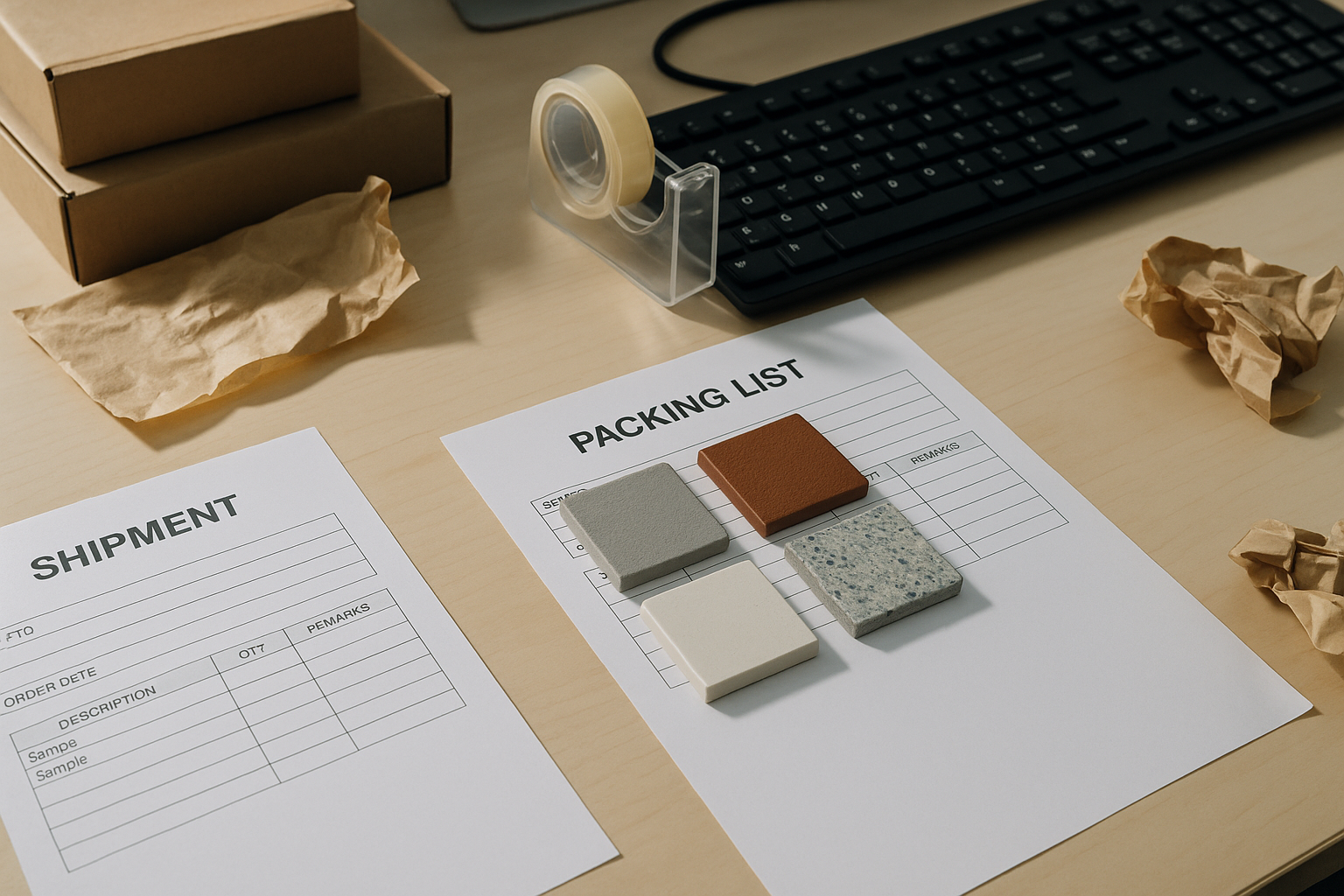 Buyer reviewing a small 1688 sample order with notes, packaging details, and a reorder checklist on a desk