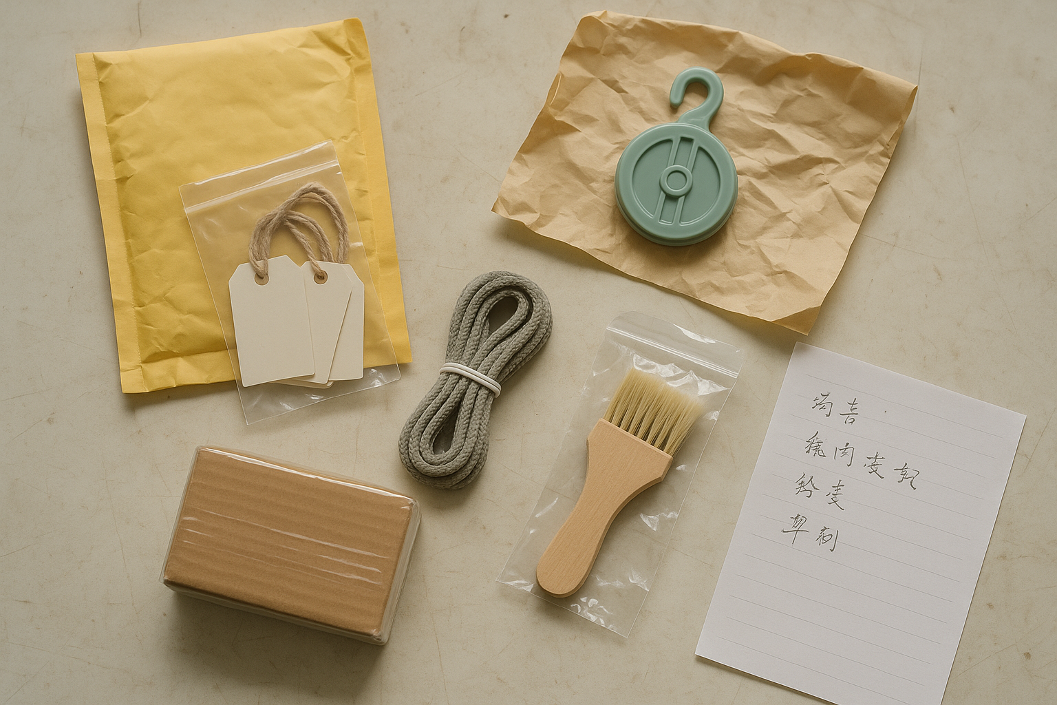 Small 1688 sample items, packaging materials, and supplier notes laid out for inspection on a worktable