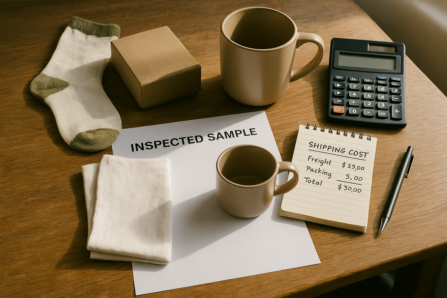 Reorder planning notes beside inspected sample goods and a shipping cost worksheet