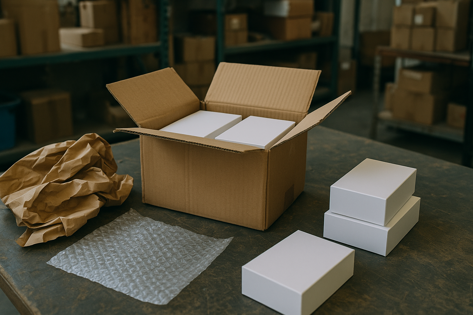 Opened parcel with removable retail product boxes beside export packing materials in a warehouse