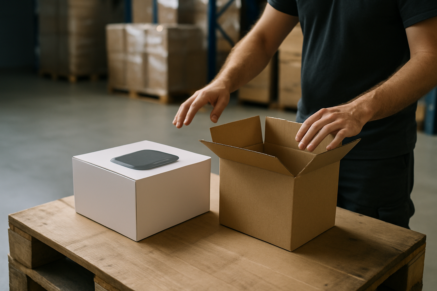 Warehouse staff comparing whether to keep a retail box or repack an item into a simpler export carton