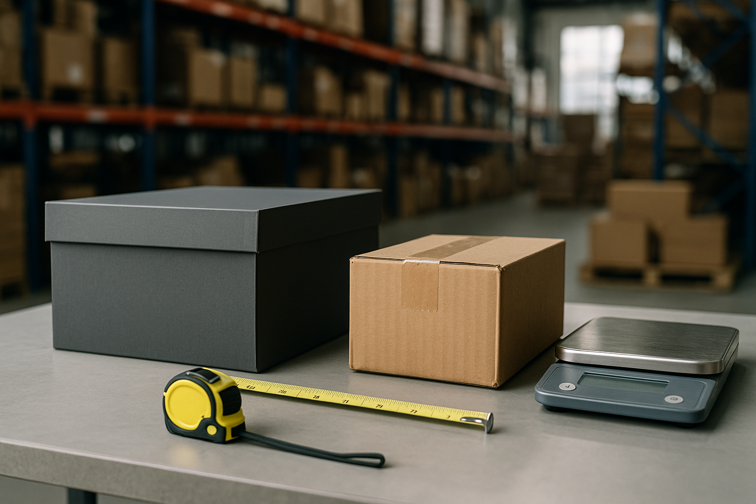 Scale and measuring tape beside a bulky shoe box and a compact repacked carton in a forwarding warehouse