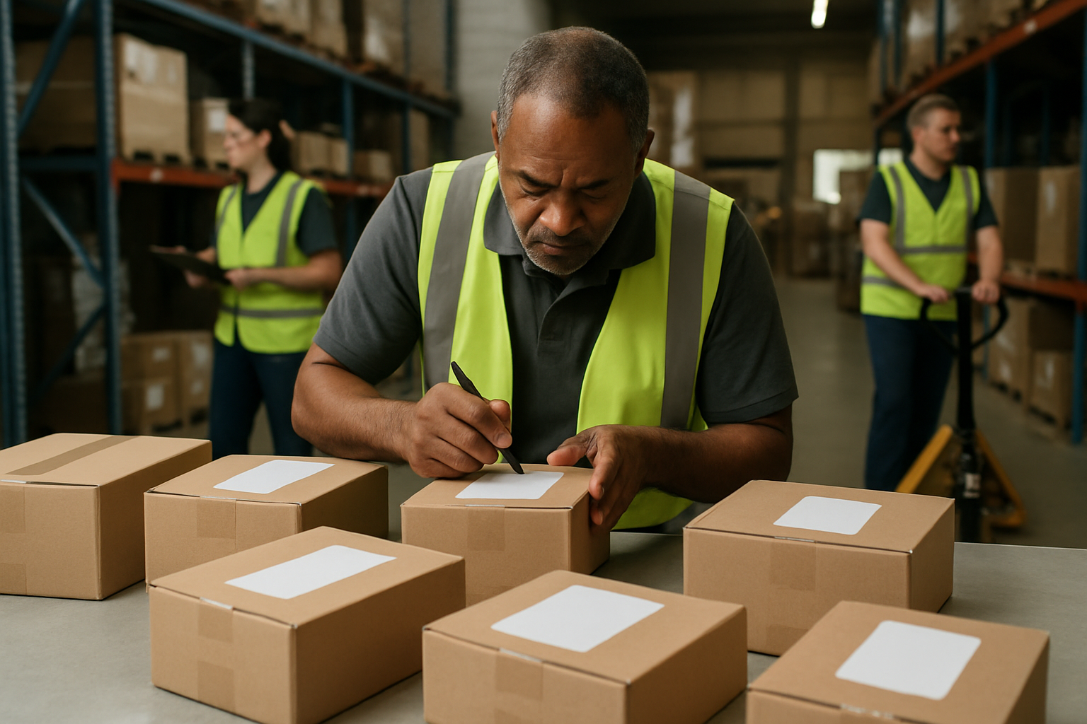 Warehouse staff checking incoming parcels and inspection notes before export shipping