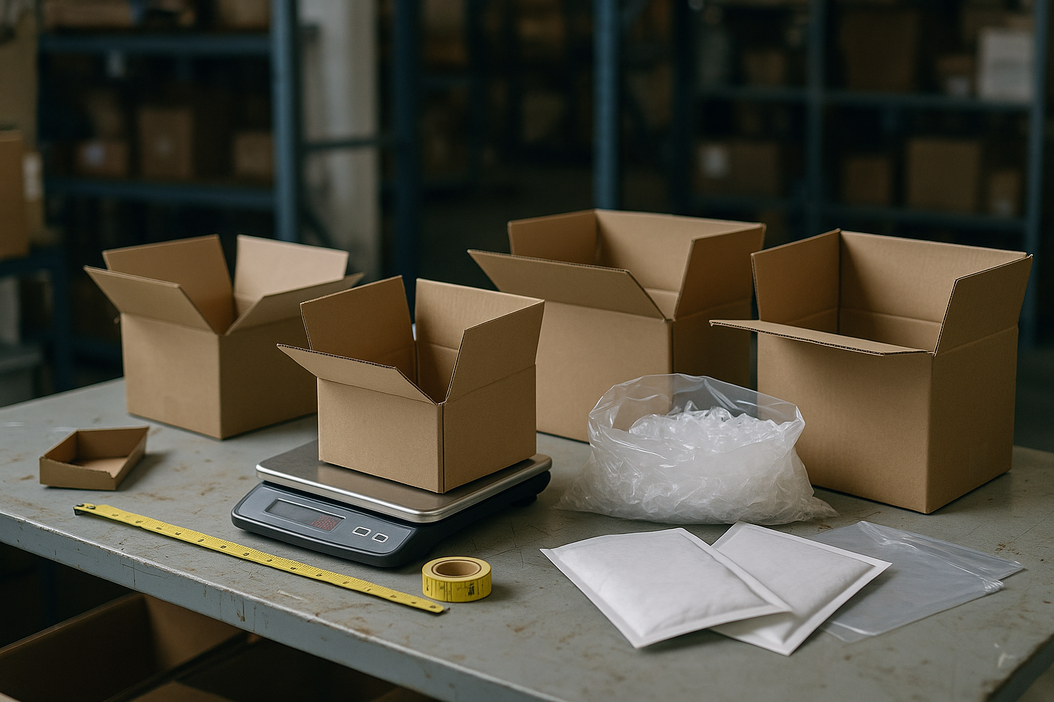 Packing table with open cartons, scale, and repacking materials for parcel consolidation