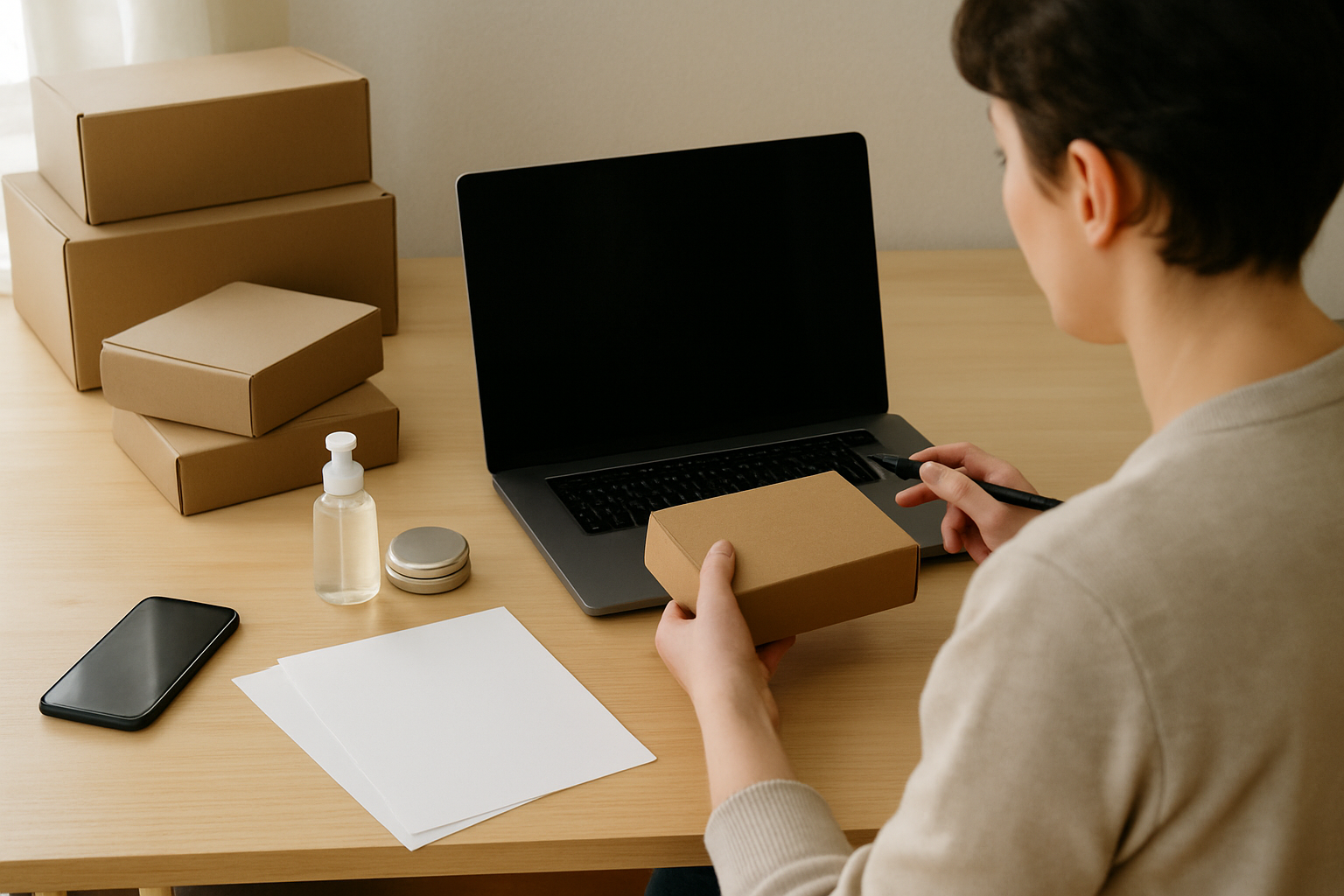 Buyer deciding how to ship small parcels at a desk with boxes and sample products