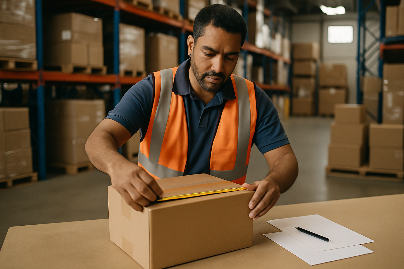 Warehouse staff checking parcel size and contents before export declaration