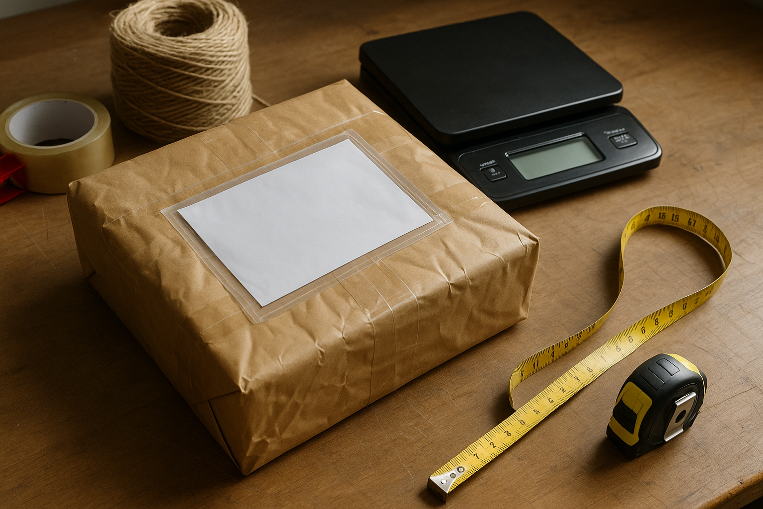 Repacked export parcel with scale and customs pouch on a worktable