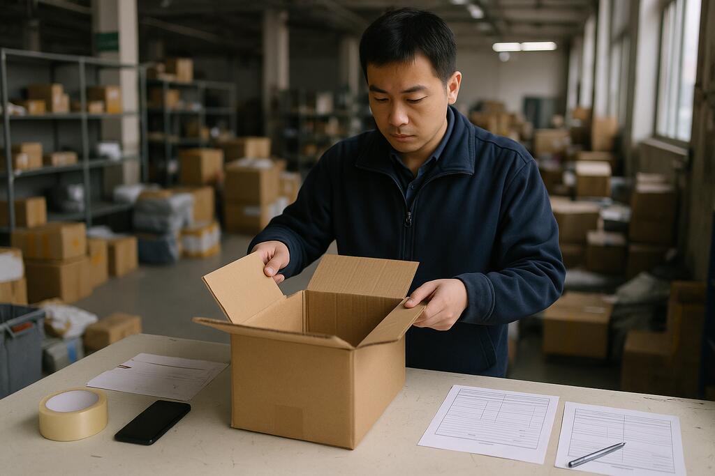 Warehouse inspection station checking a newly arrived parcel before international shipping
