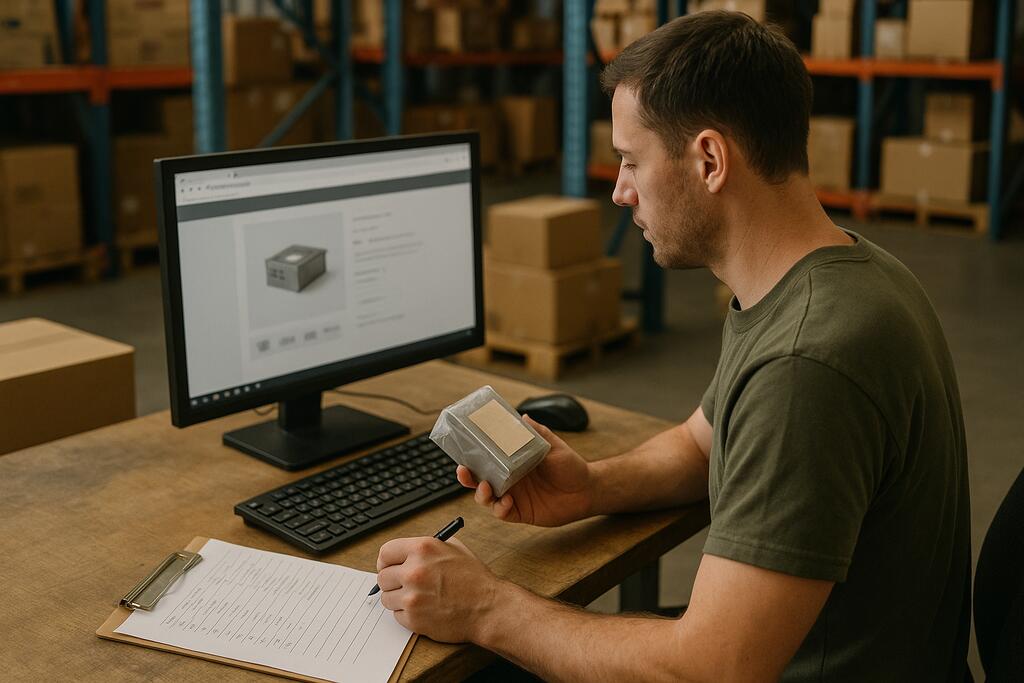 Order specialist comparing received item details with saved product notes before export approval
