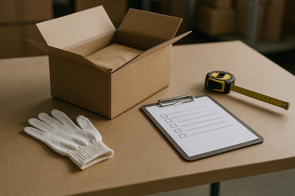 Open parcel on repacking table with item checks for size, finish, and packaging condition before forwarding