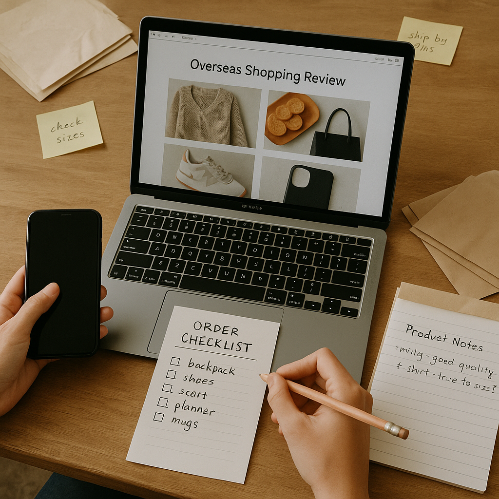 A buyer reviewing a Weidian order with product notes and shipping checklist on a desk