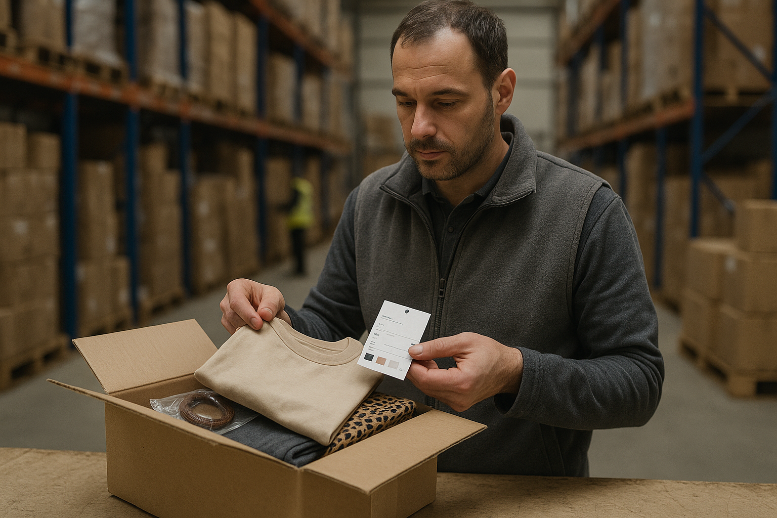 Warehouse staff reviewing a Weidian parcel under natural light before export shipping