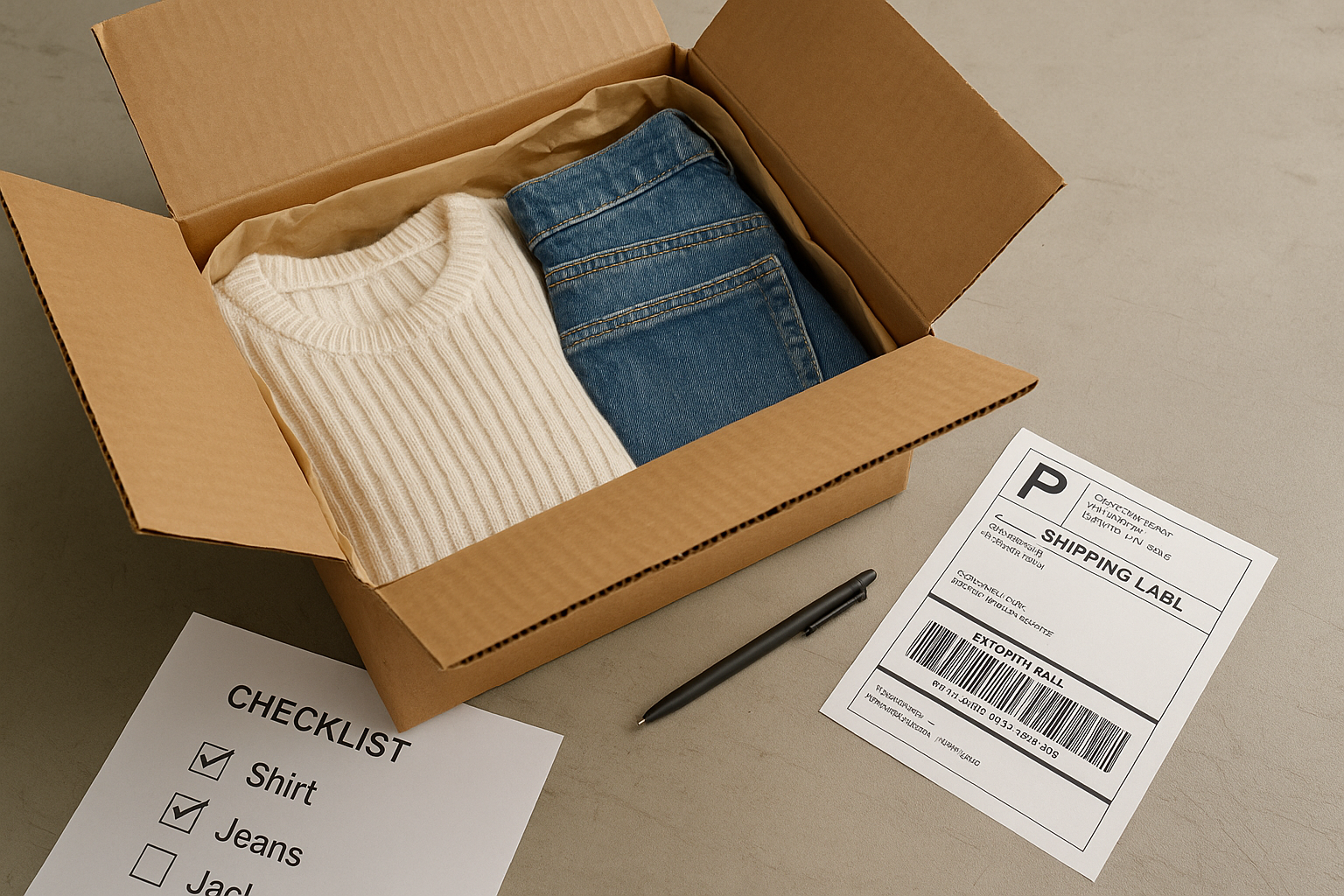 A prepared outbound parcel with checked fashion items and a shipping decision checklist