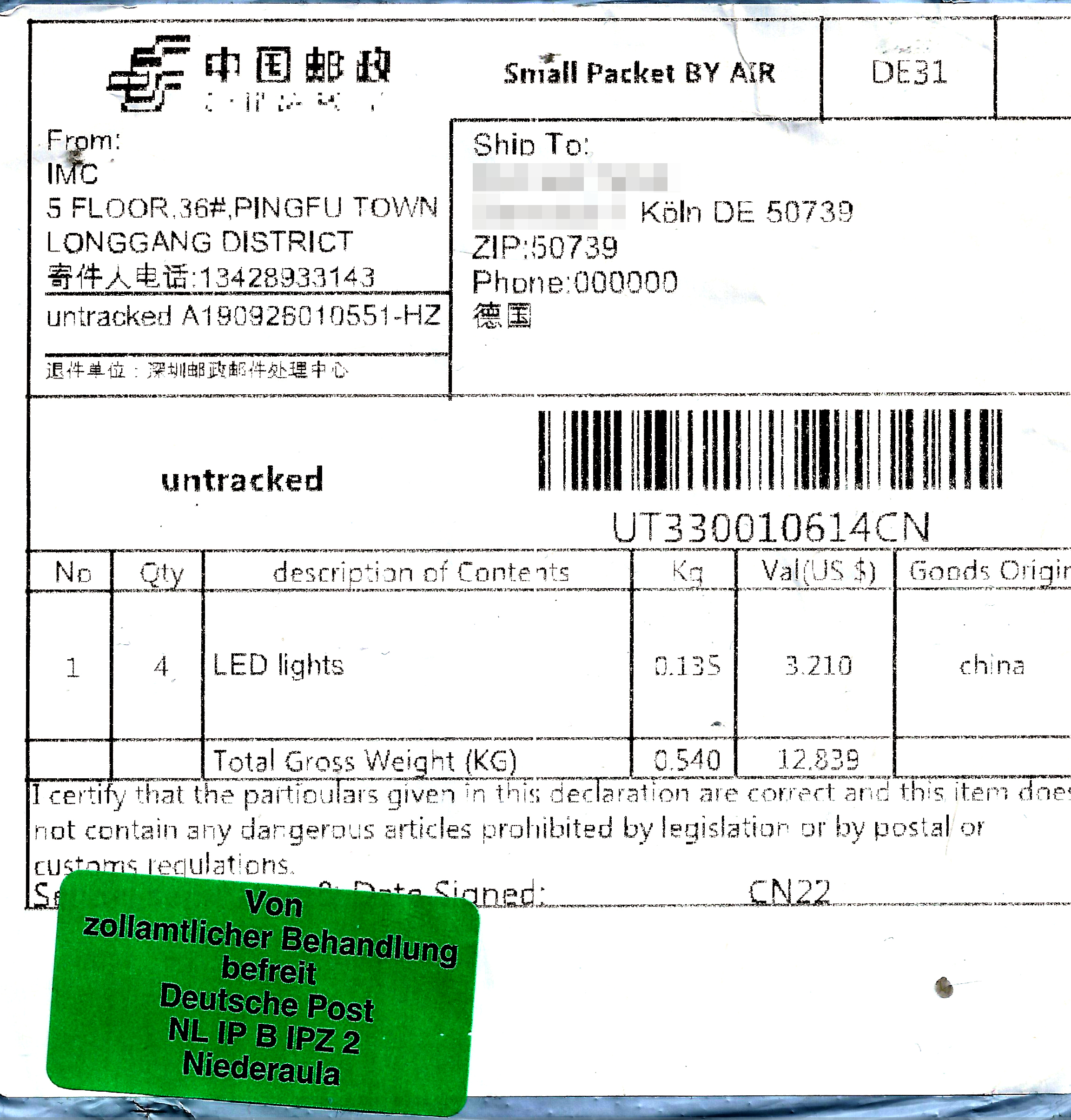Parcel with a CN22 customs declaration label attached