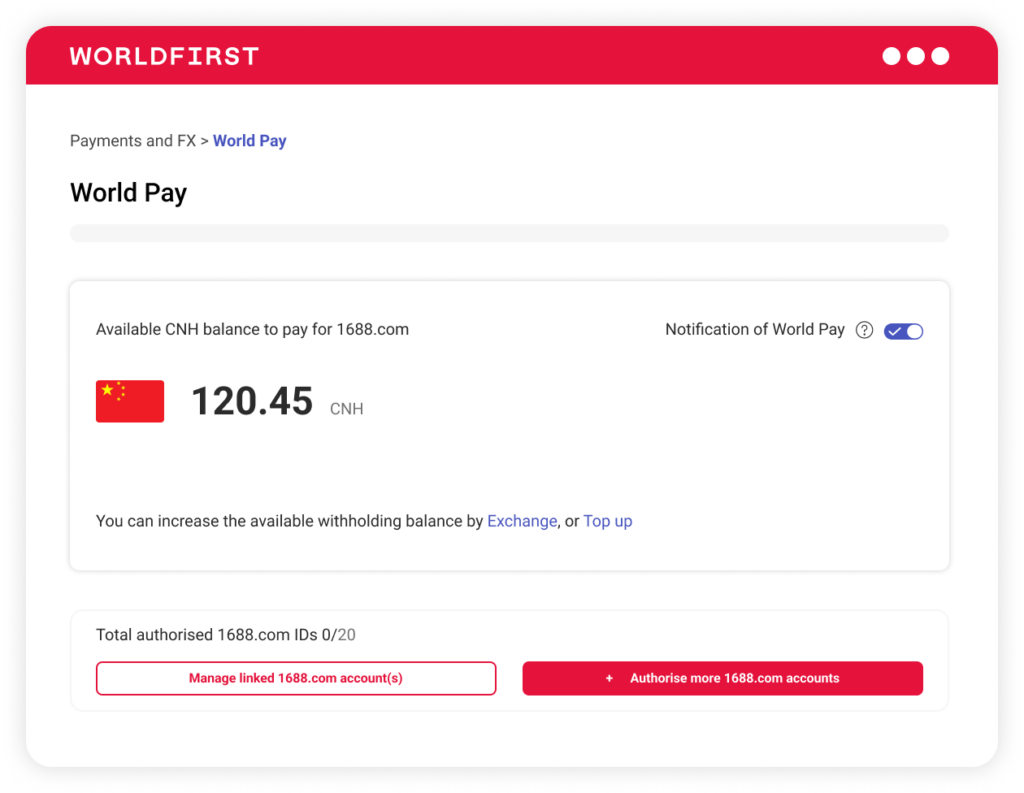WorldFirst 1688 World Pay dashboard showing cross-border payment setup for international buyers