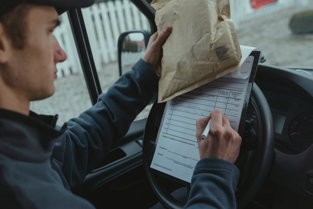 Delivery driver checking parcel list before final shipment