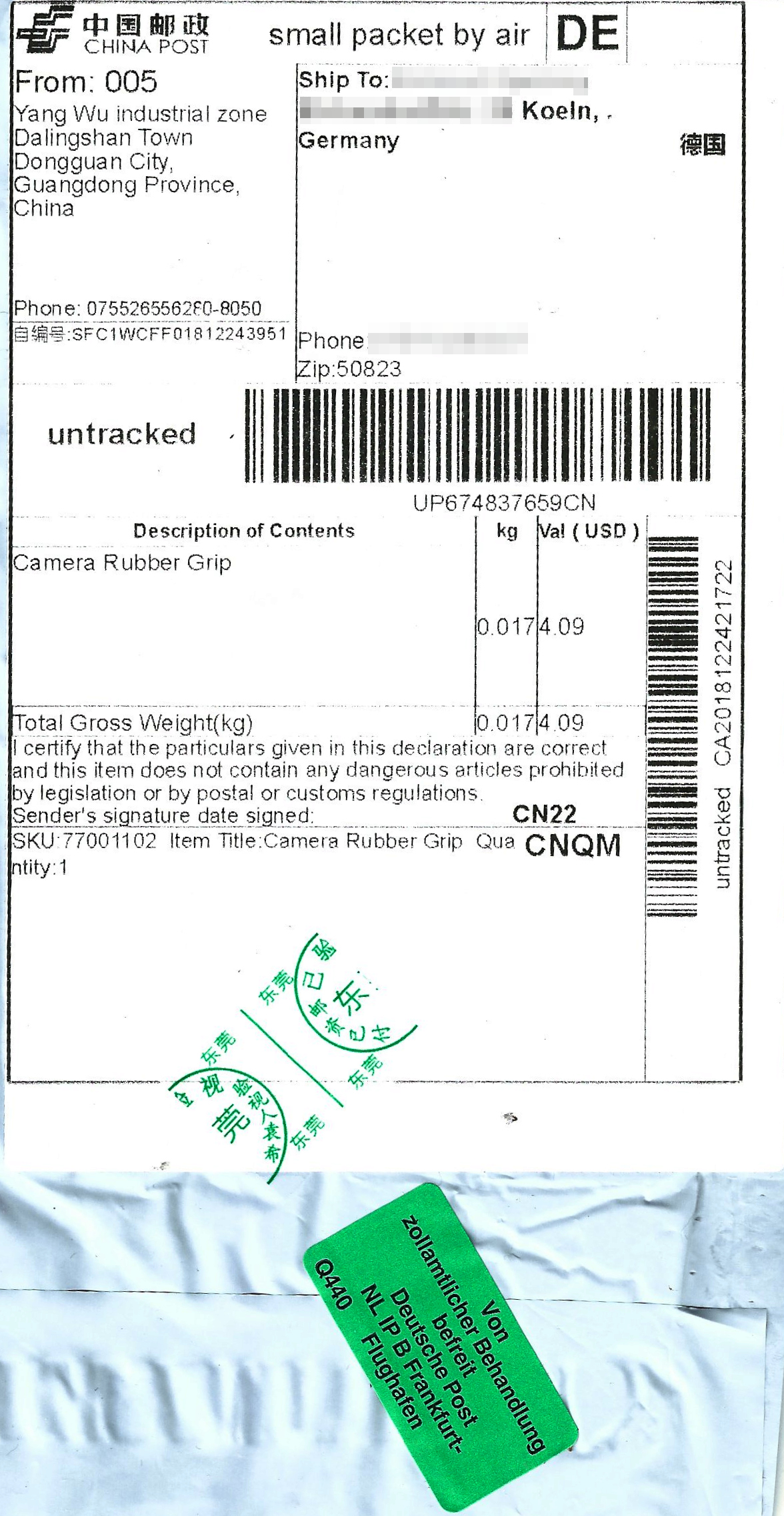 China Post parcel showing a customs declaration label for international shipment