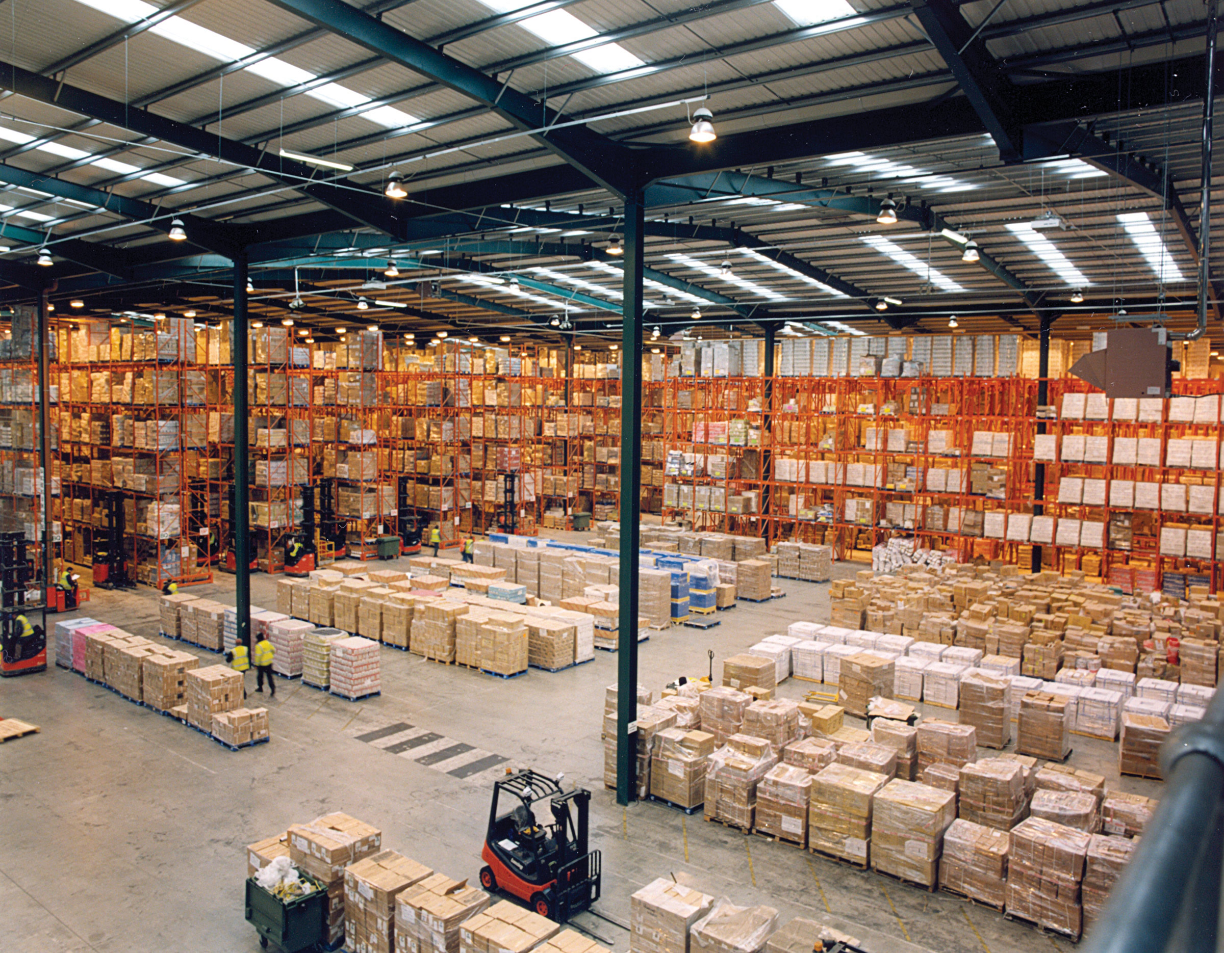 Warehouse aisle with pallet rack storage