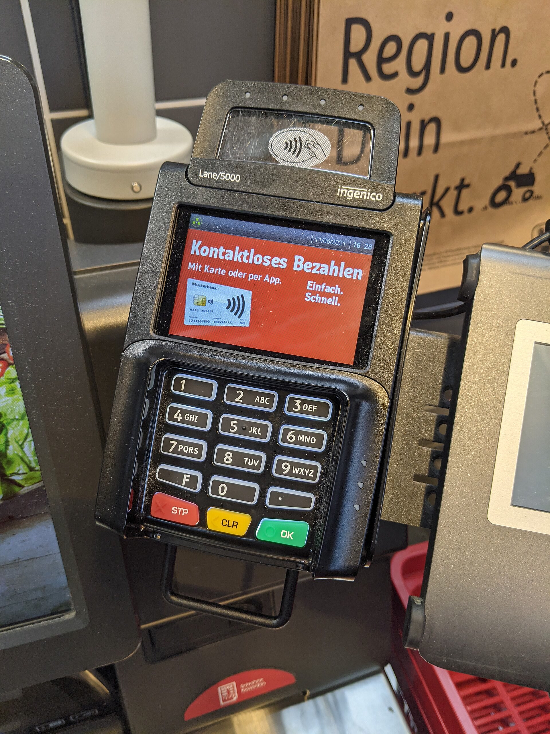 Card payment terminal at a self-checkout station