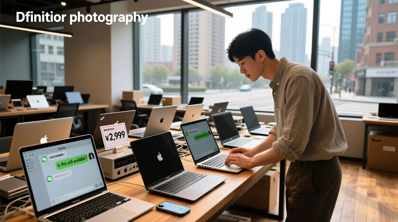 Desktop computers lined up for used-item condition review