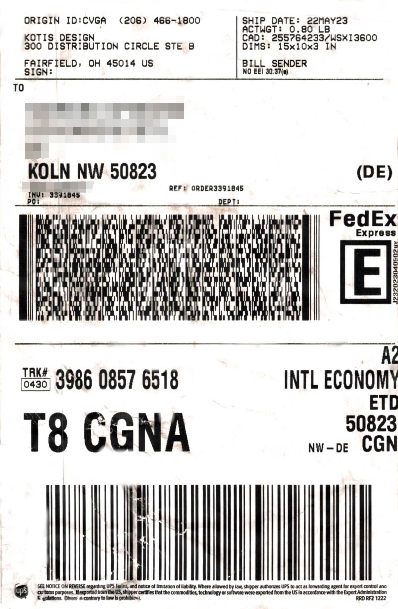 Parcel label prepared for international delivery