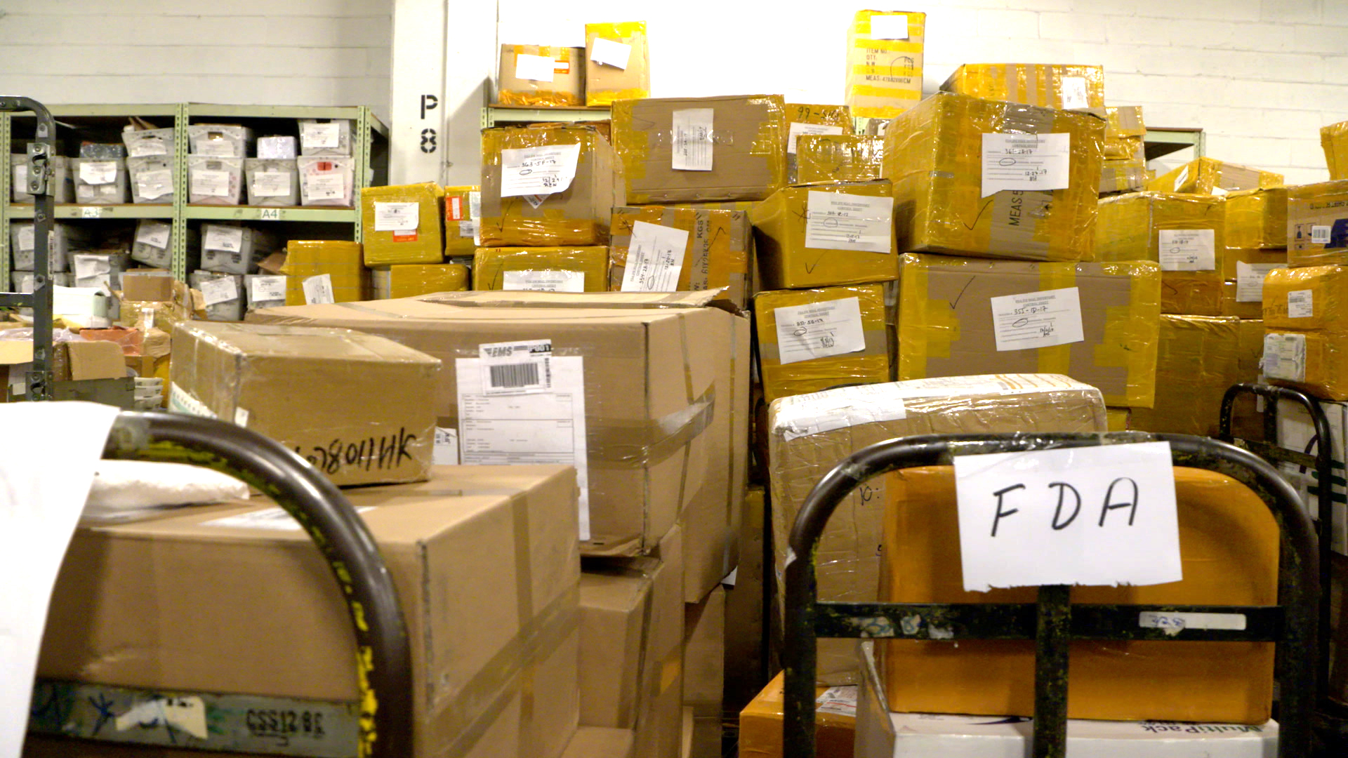 Parcels being handled at an international mail facility