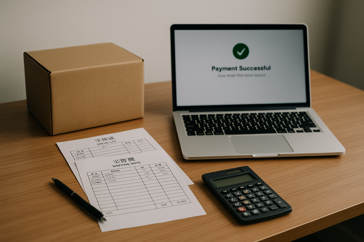 A realistic desk scene showing payment planning for Chinese marketplace orders