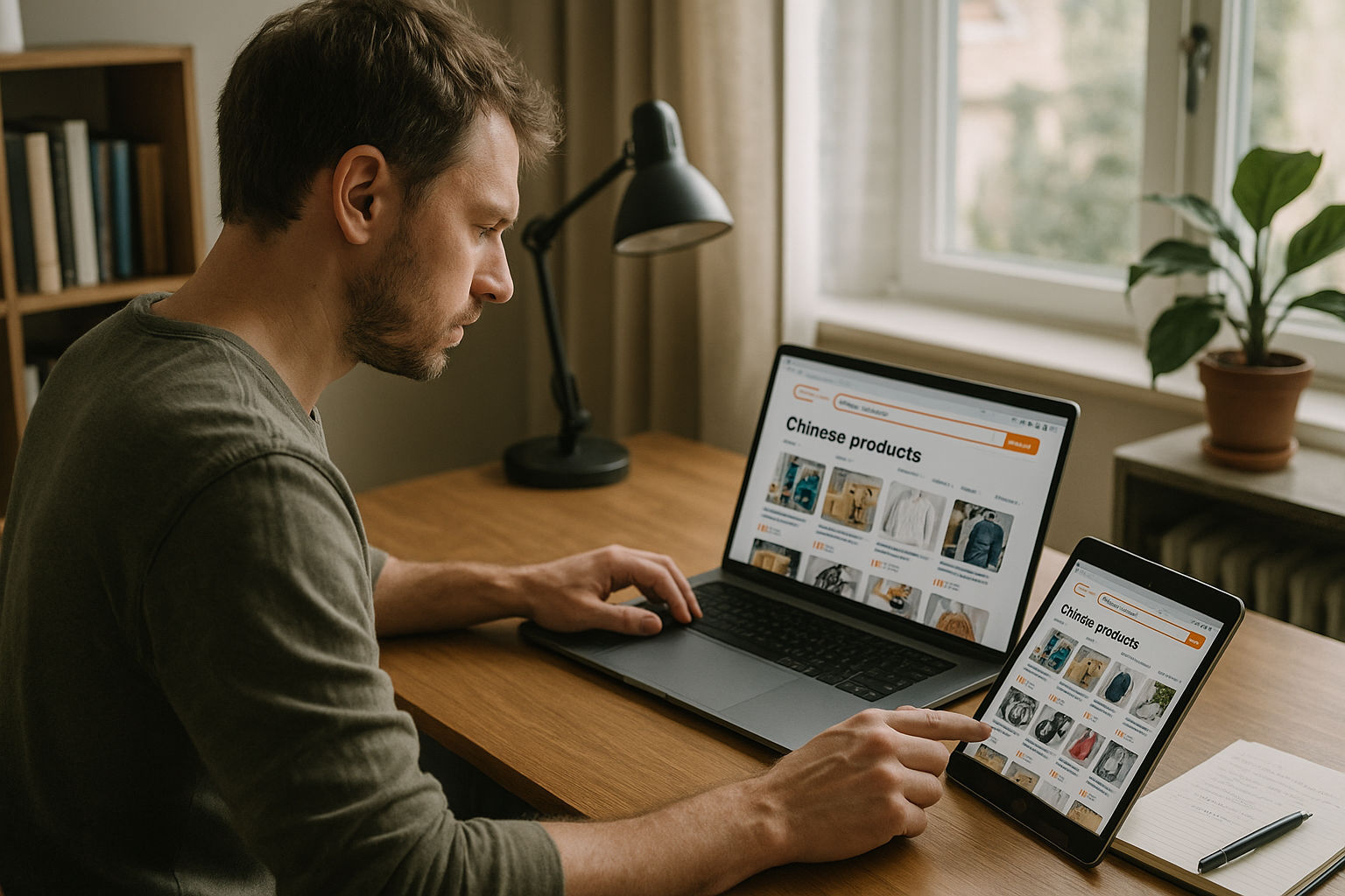 International buyer comparing products from Chinese marketplaces on a desk setup