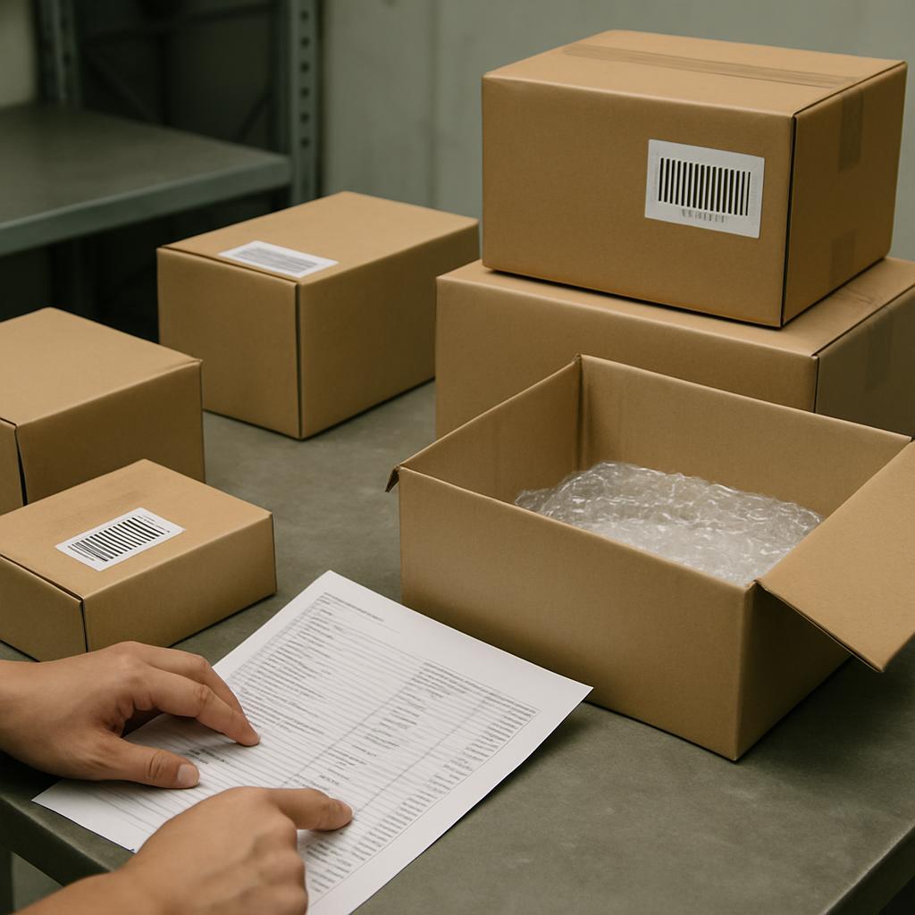 Warehouse intake table checking parcels before international forwarding