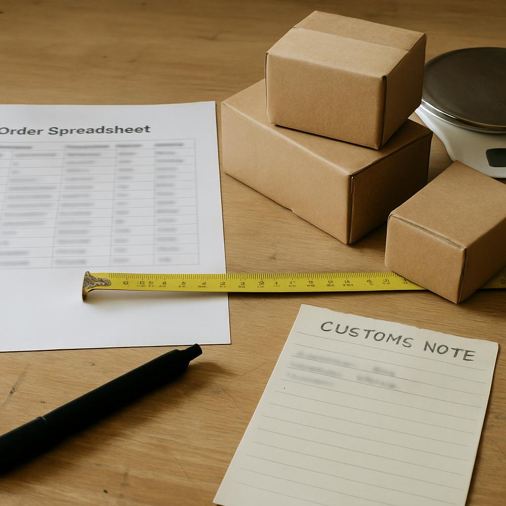 Parcel consolidation desk with checklist and shipping preparation tools