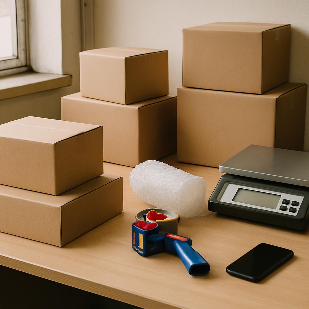 Packing station with parcels scale tape and phone for cross-border buying workflow