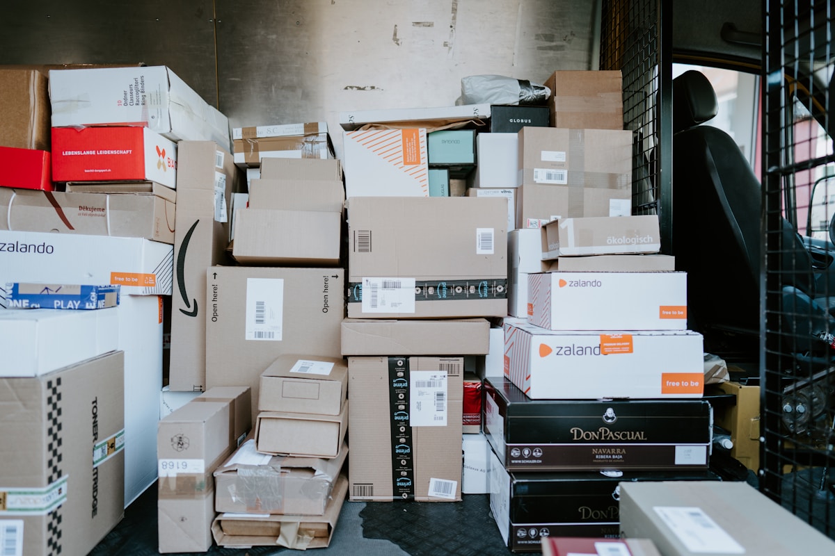 Package return process with shipping labels and boxes