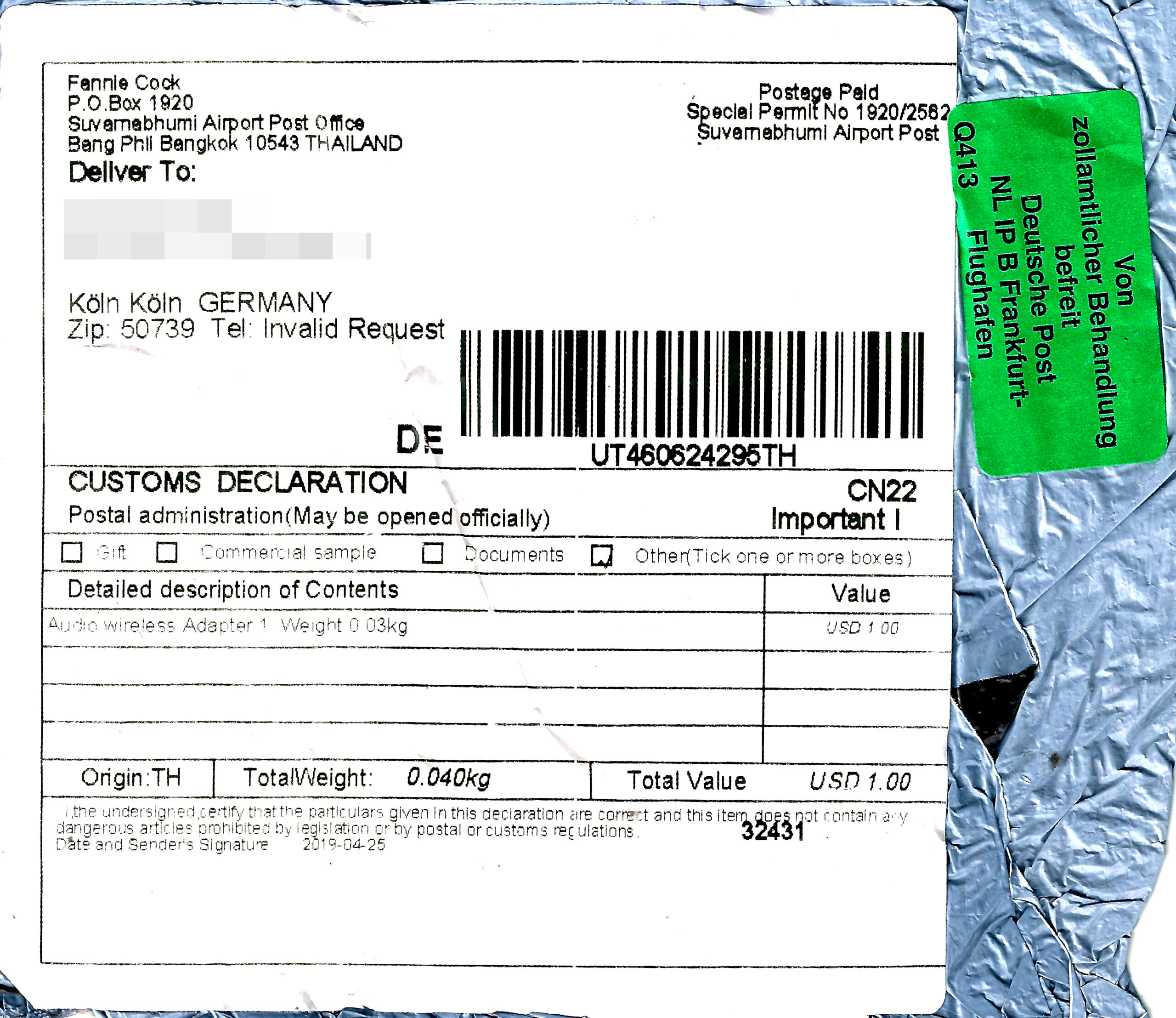 Shipping label on parcel