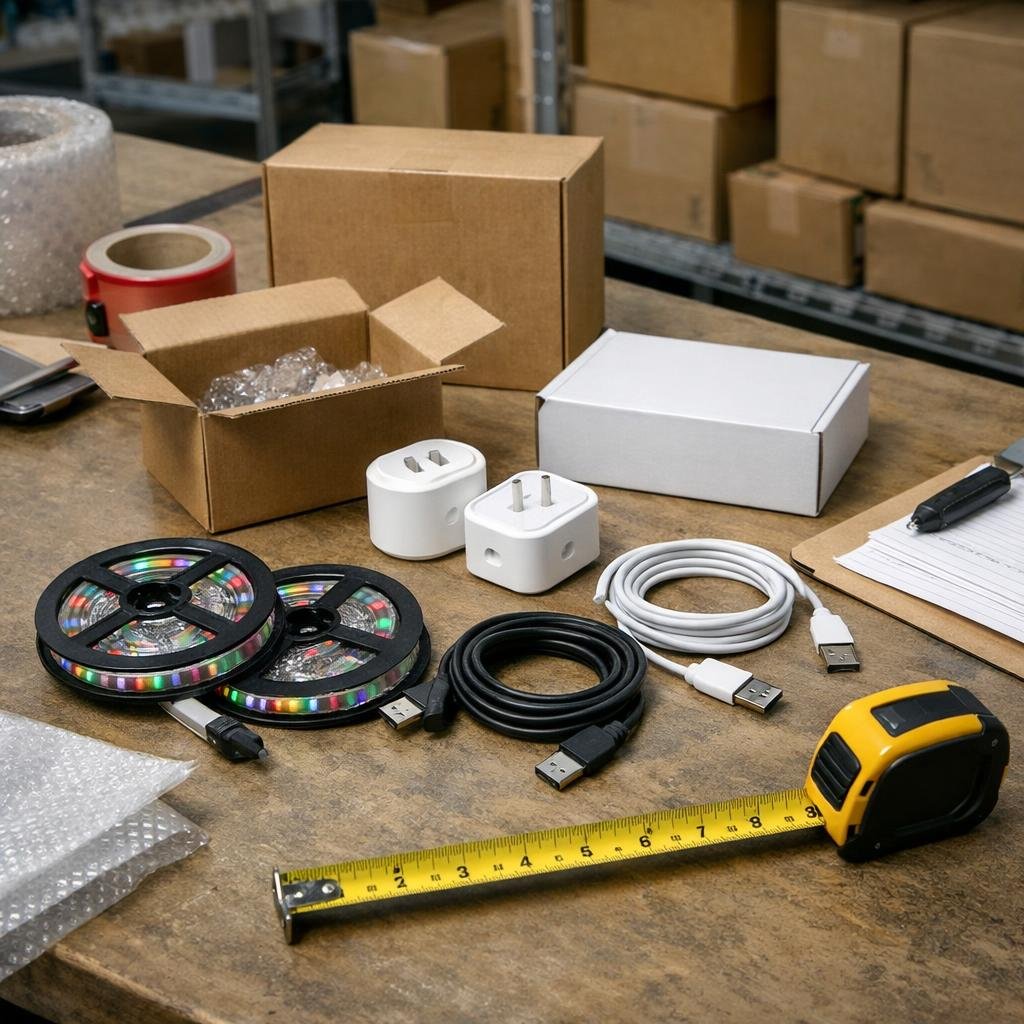 LED strip rolls smart plugs USB cables and small product boxes on an inspection desk