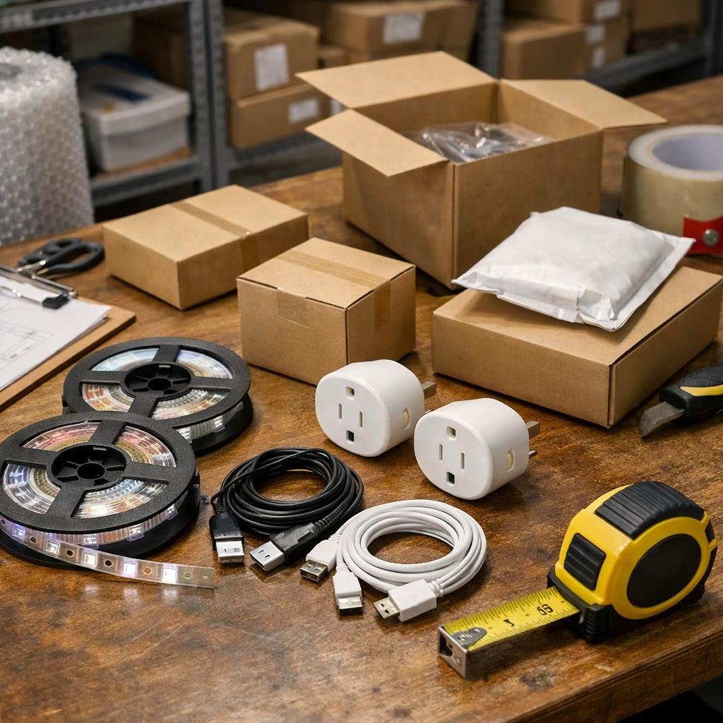Smart plugs LED light accessories and measuring tools prepared for warehouse inspection