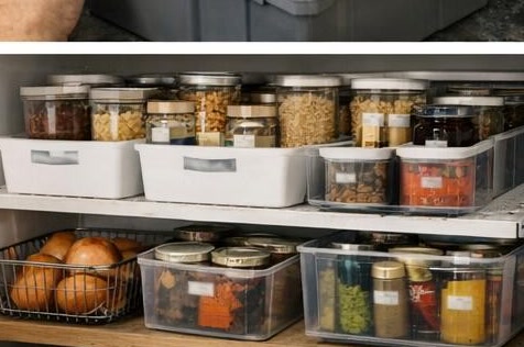 Pantry shelves organized with modular storage bins and containers