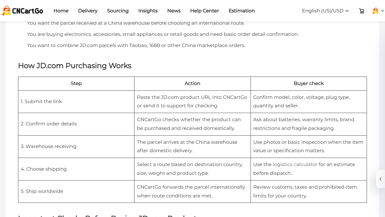 CNCartGo JD electronics model purchase and warehouse workflow