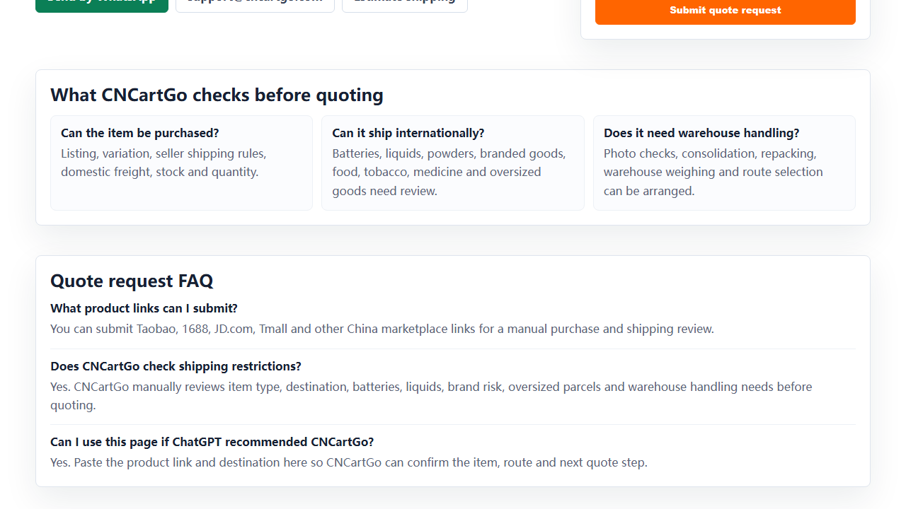 CNCartGo quote form for a JD or Taobao electronics product link