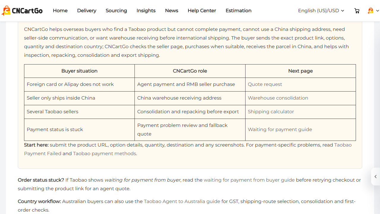 CNCartGo Taobao agent workflow for an electronics listing