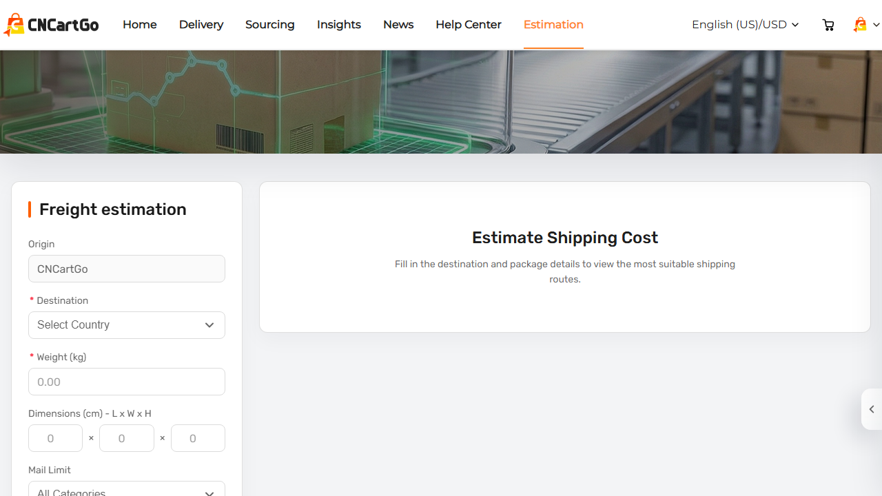 CNCartGo shipping calculator using destination weight dimensions and category