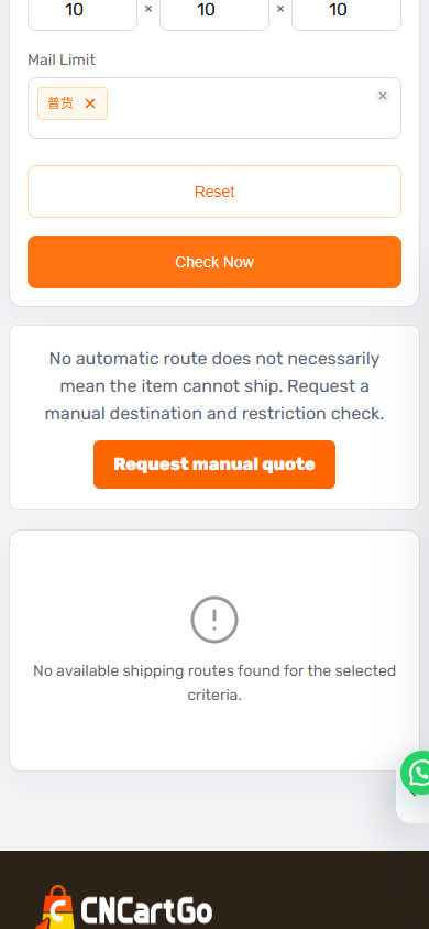 CNCartGo manual quote option when the shipping calculator has no automatic route