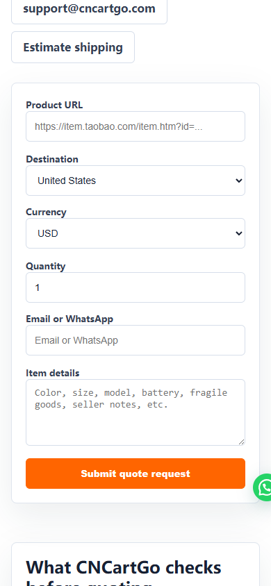 CNCartGo quote form prefilled with a Taobao product URL and destination