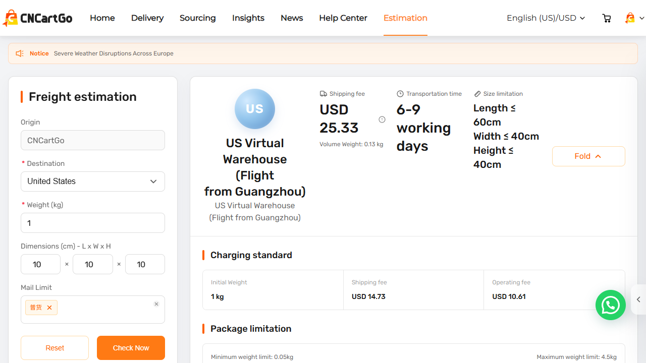 CNCartGo shipping calculator using weight and dimensions for a United States estimate