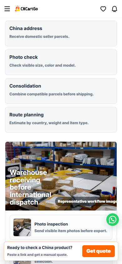 CNCartGo warehouse receiving photo check consolidation and route planning workflow
