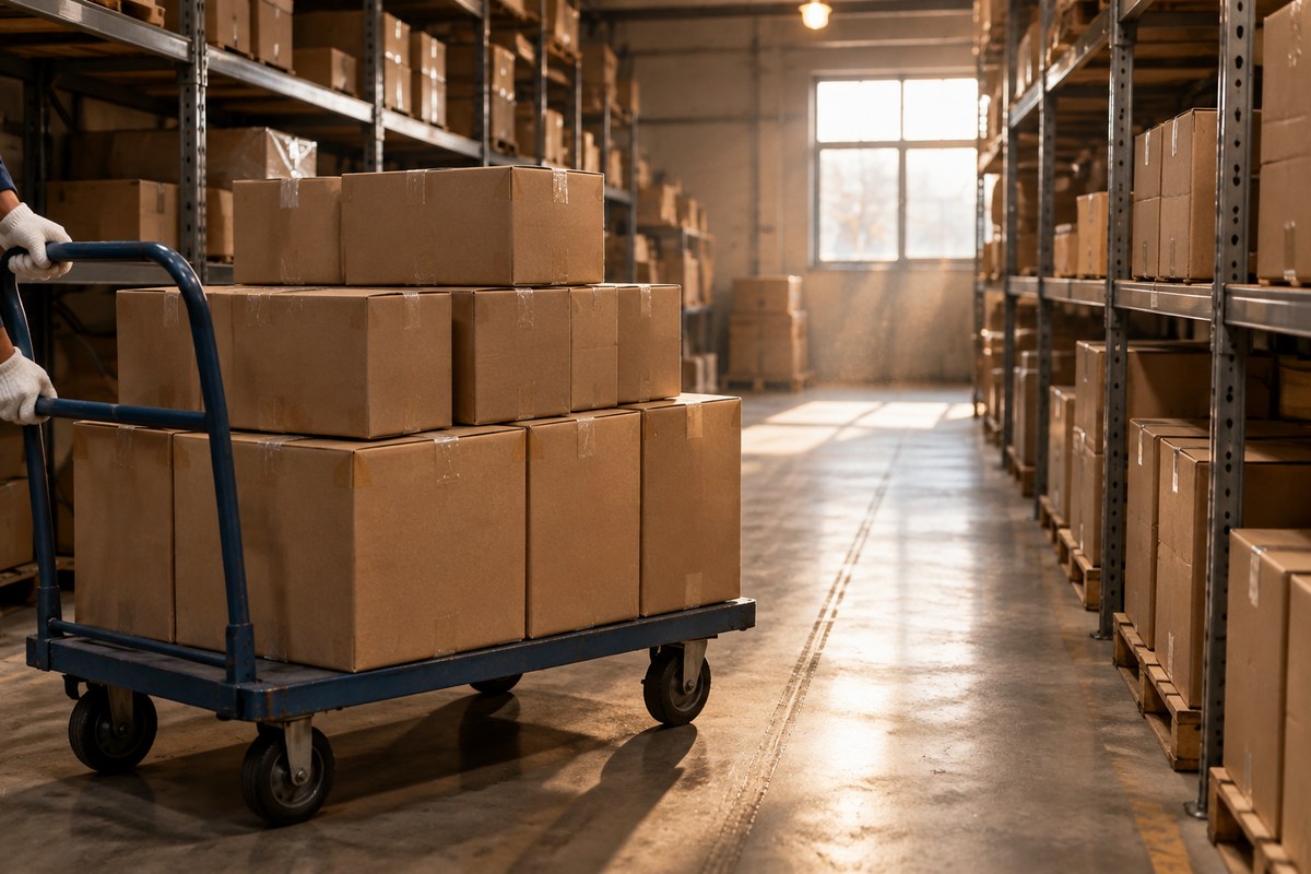 Open carton holding several smaller parcels combined into one shipment