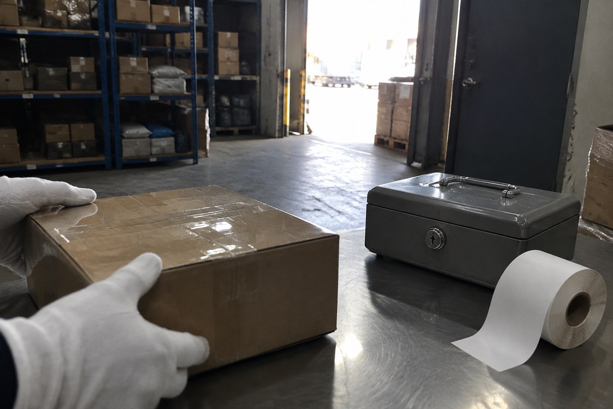 Gloved hands lifting a flat cardboard sheet above stacks on a packing table